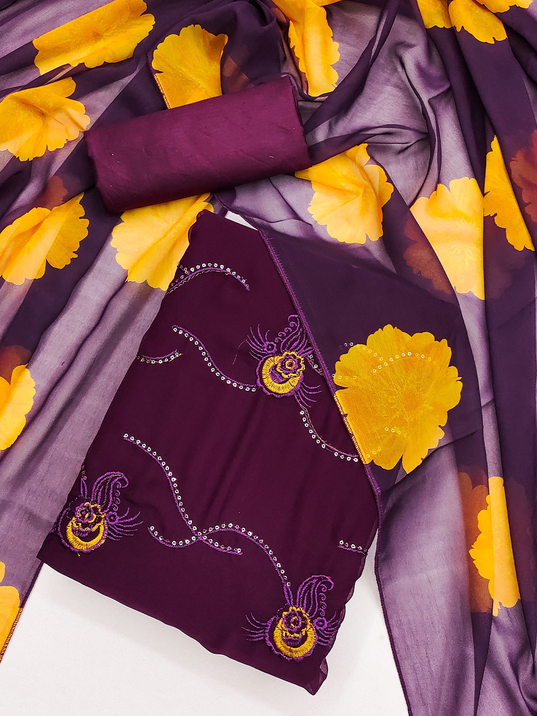

MANVAA Floral Embroidered Unstitched Dress Material, Purple