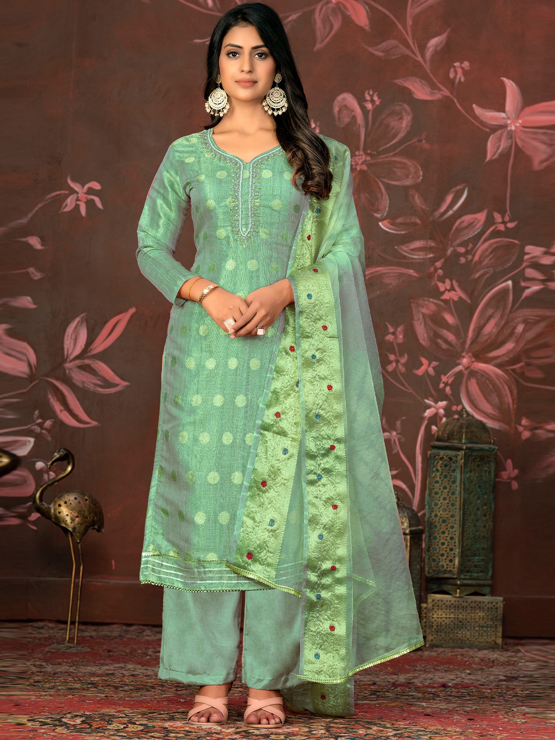 

MANVAA Ethnic Motifs Woven Design Beads & Stones Unstitched Dress Material, Sea green