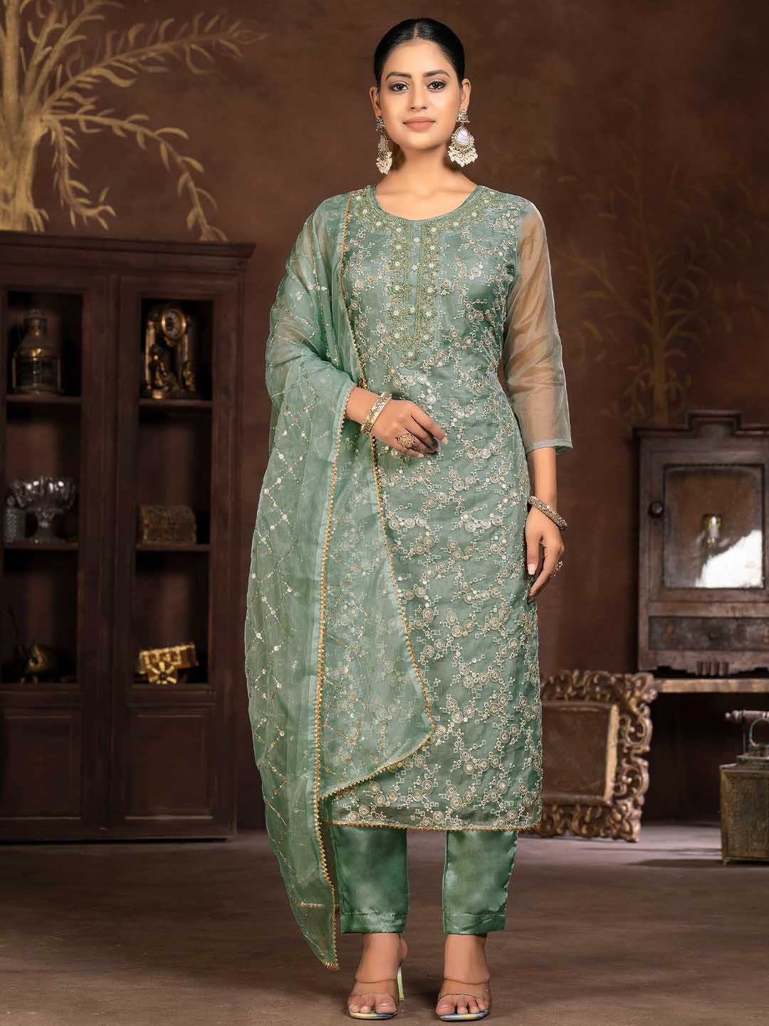 

MANVAA Ethnic Motifs Embellished Beads and Stones Unstitched Dress Material, Green