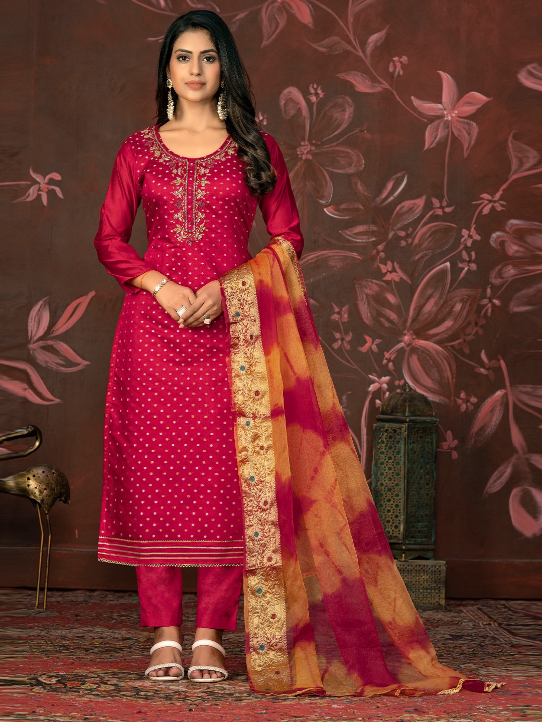 

MANVAA Polka Dots Woven Design Beads and Stones Unstitched Dress Material, Pink