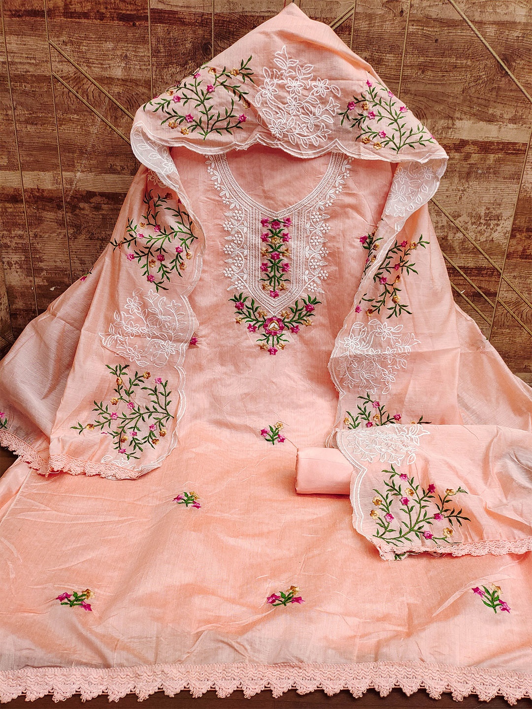 

MANVAA Floral Embroidered Unstitched Dress Material, Peach