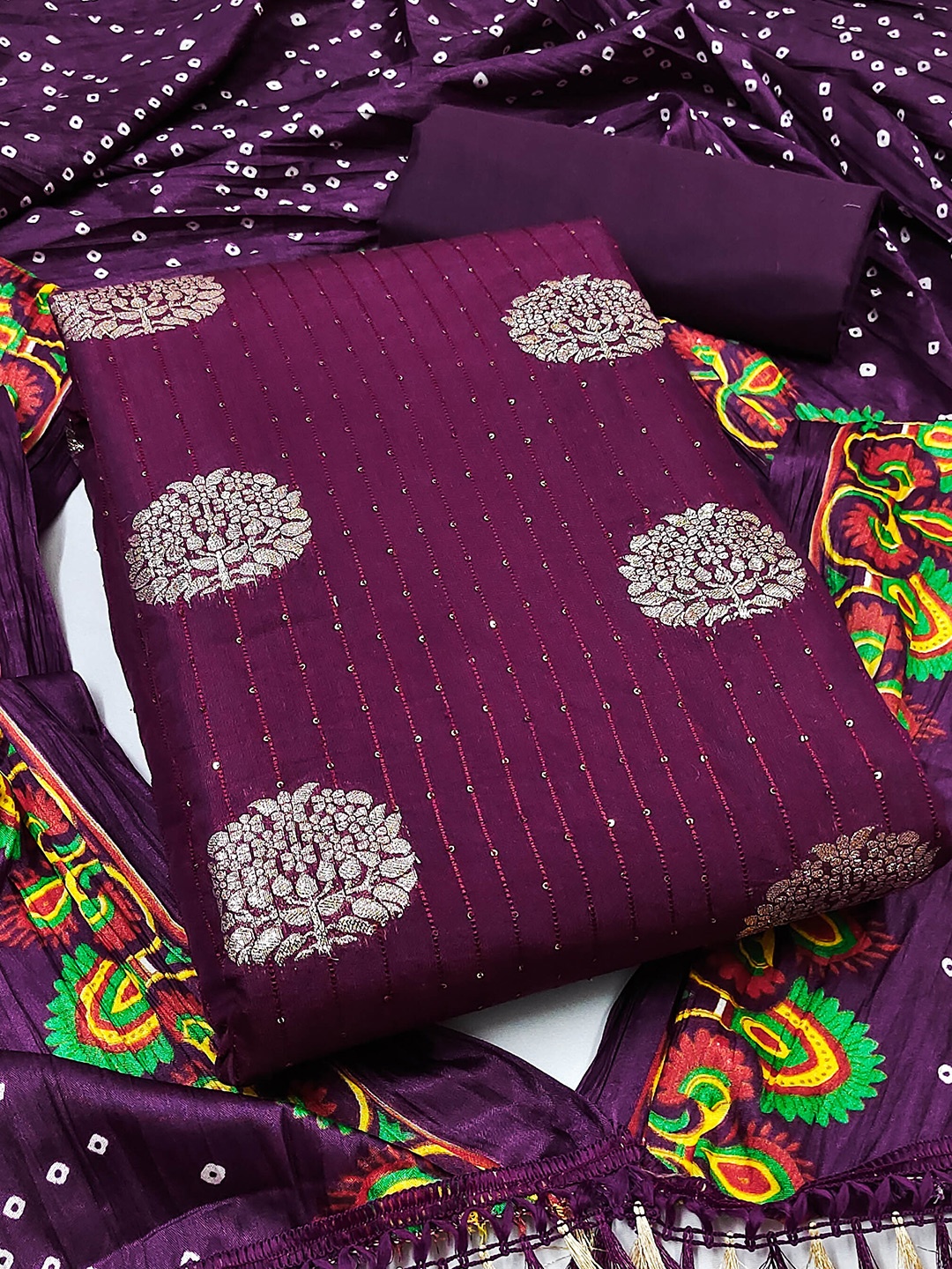 

MANVAA Floral Woven Design Sequinned Unstitched Dress Material, Purple