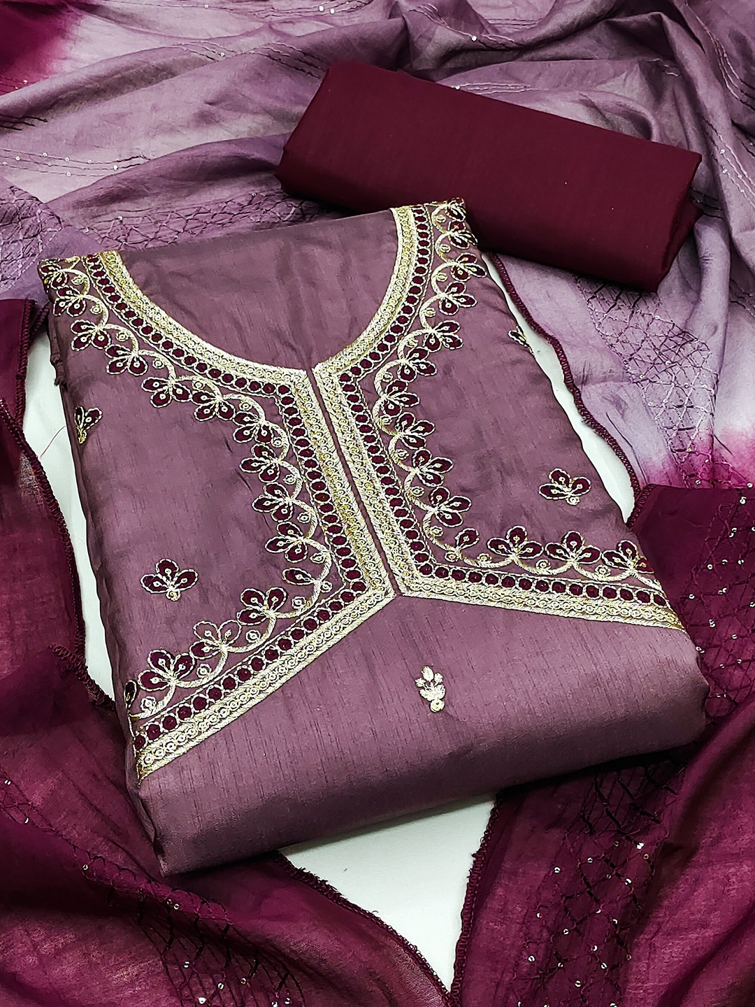 

MANVAA Ethnic Motifs Embroidered Unstitched Dress Material, Purple