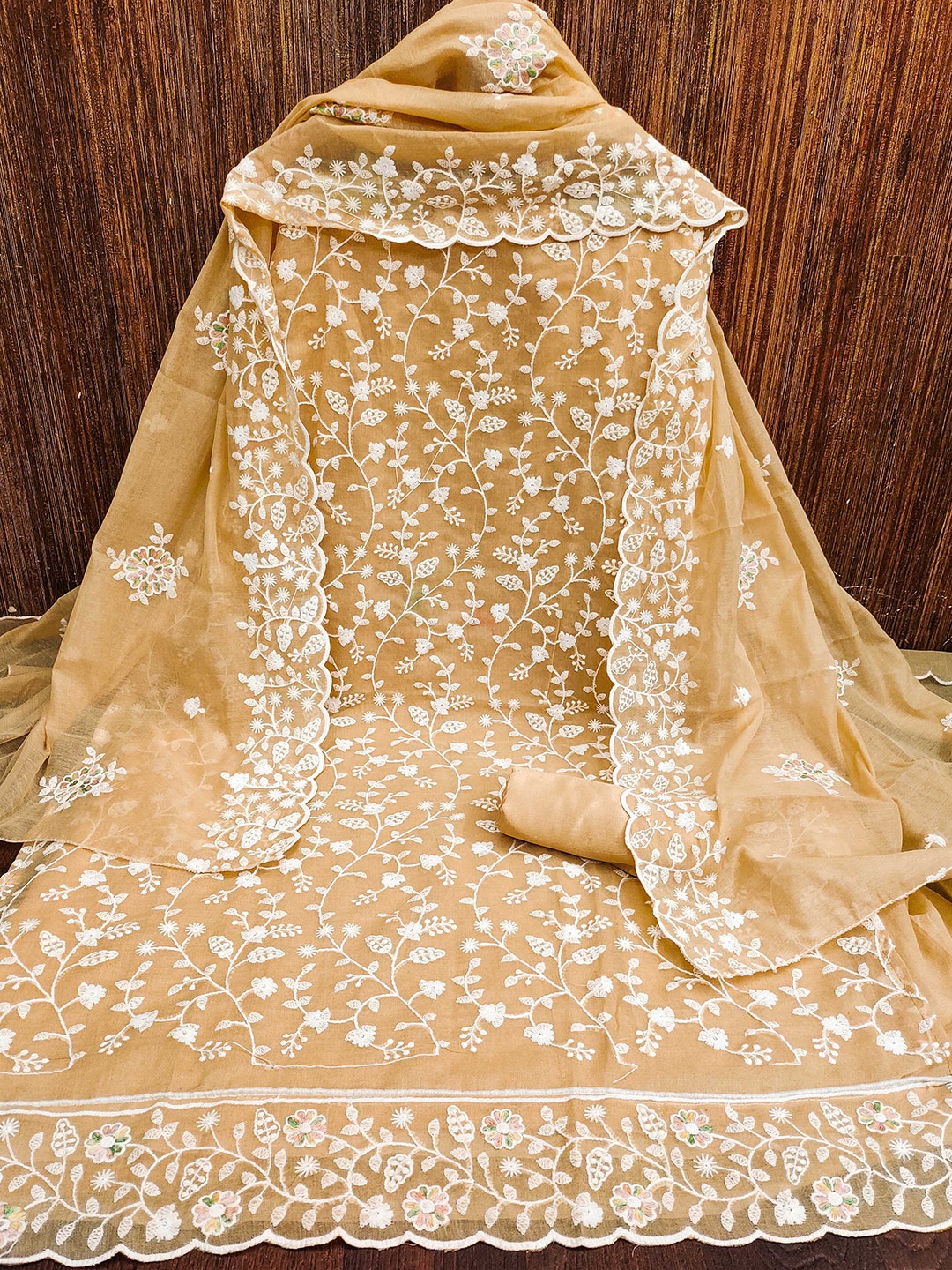 

MANVAA Floral Embroidered Unstitched Dress Material, Beige