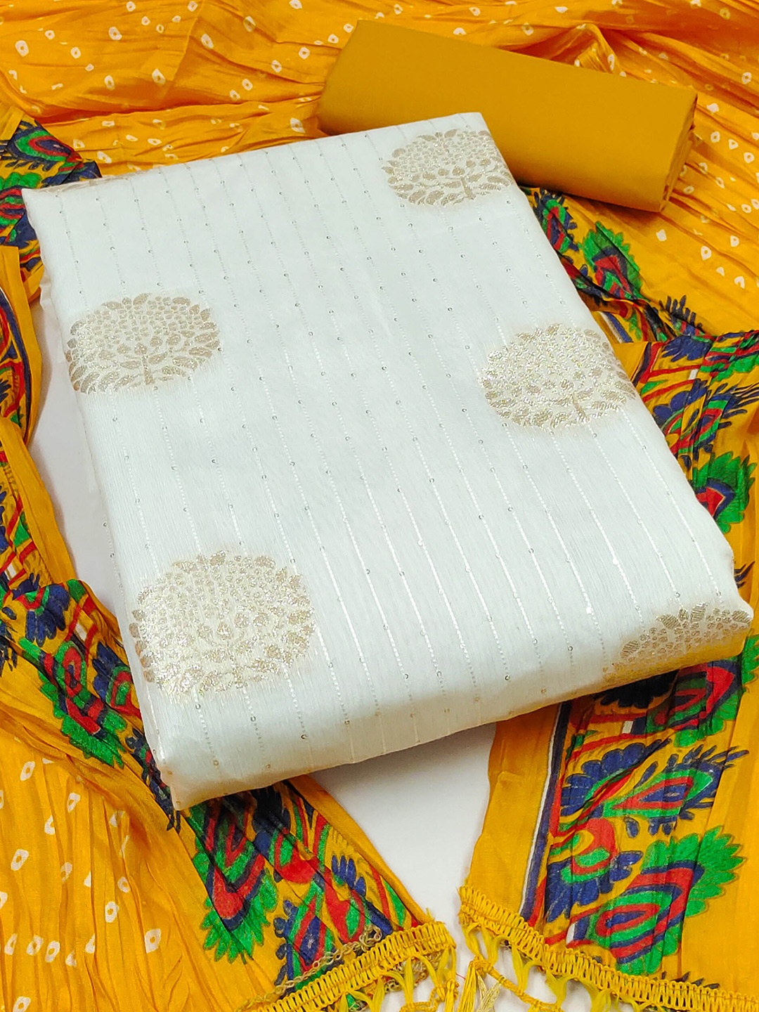 

MANVAA Ethnic Motifs Woven Design Unstitched Dress Material, White