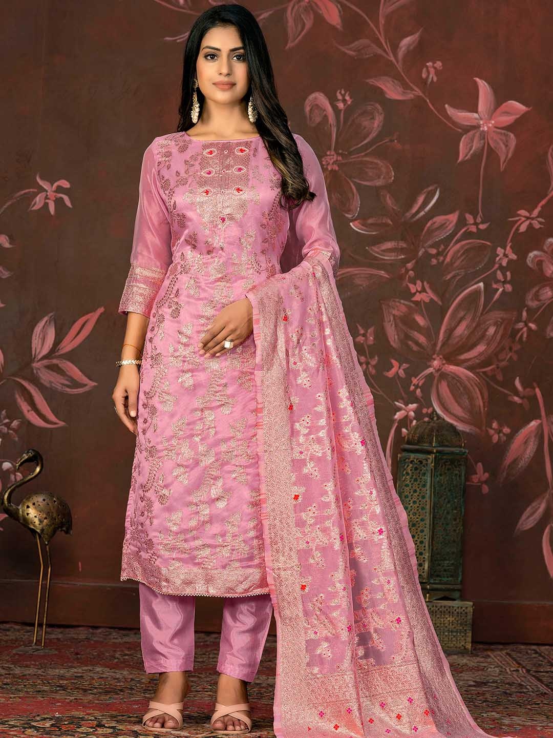 

MANVAA Woven Design Unstitched Dress Material, Pink