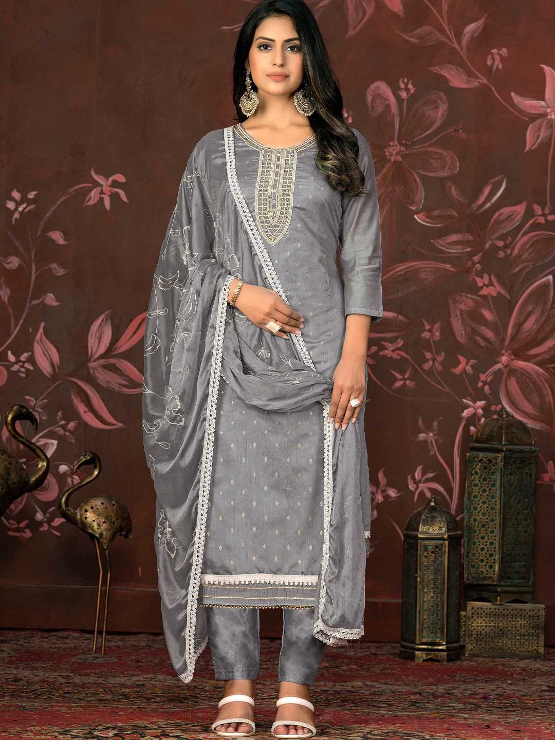 

MANVAA Floral Embroidered Unstitched Dress Material, Grey