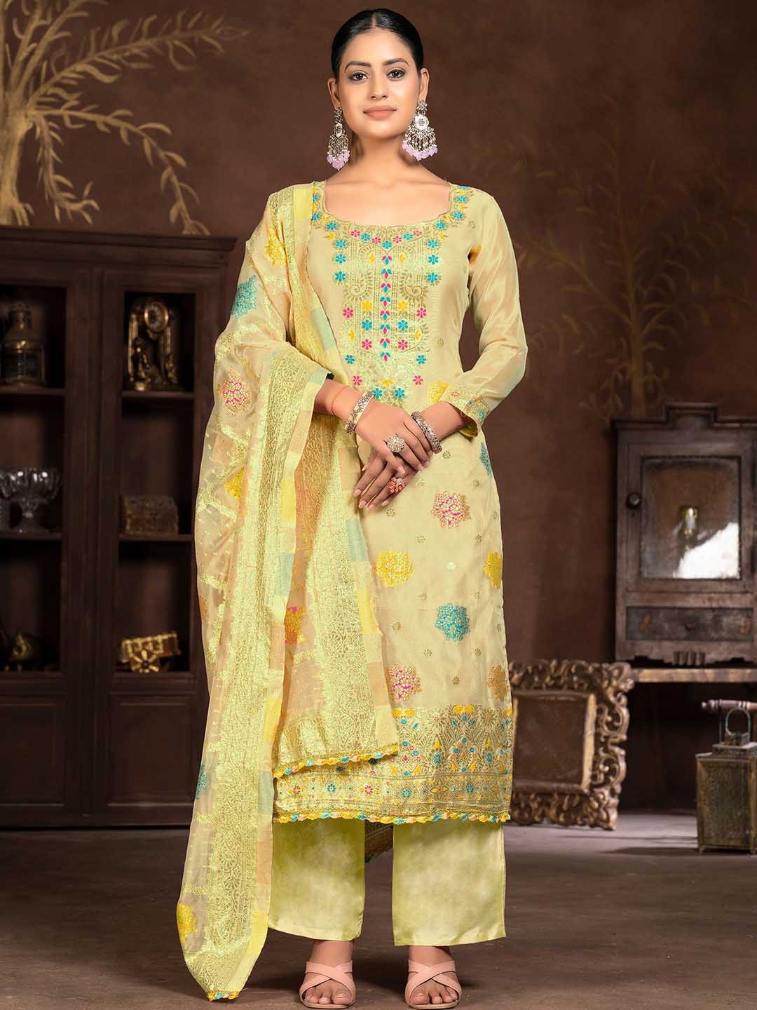 

MANVAA Ethnic Motifs Woven Design Unstitched Dress Material, Green
