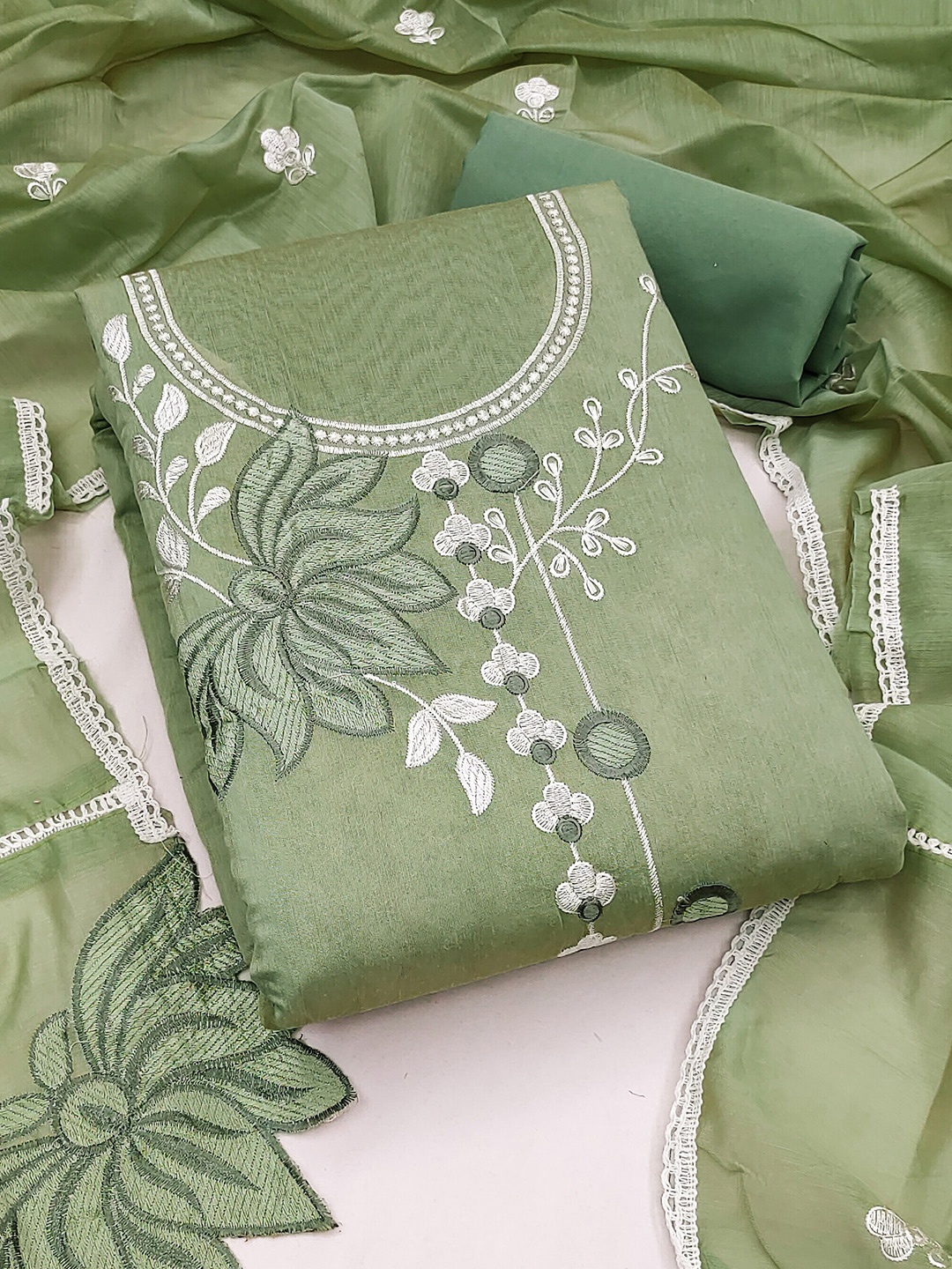 

MANVAA Floral Embroidered Unstitched Dress Material, Lime green