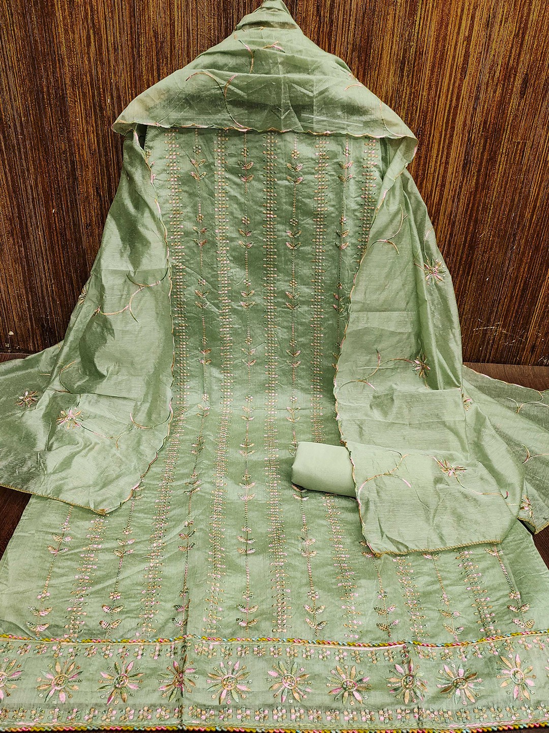 

MANVAA Embroidered Sequinned Unstitched Dress Material, Green