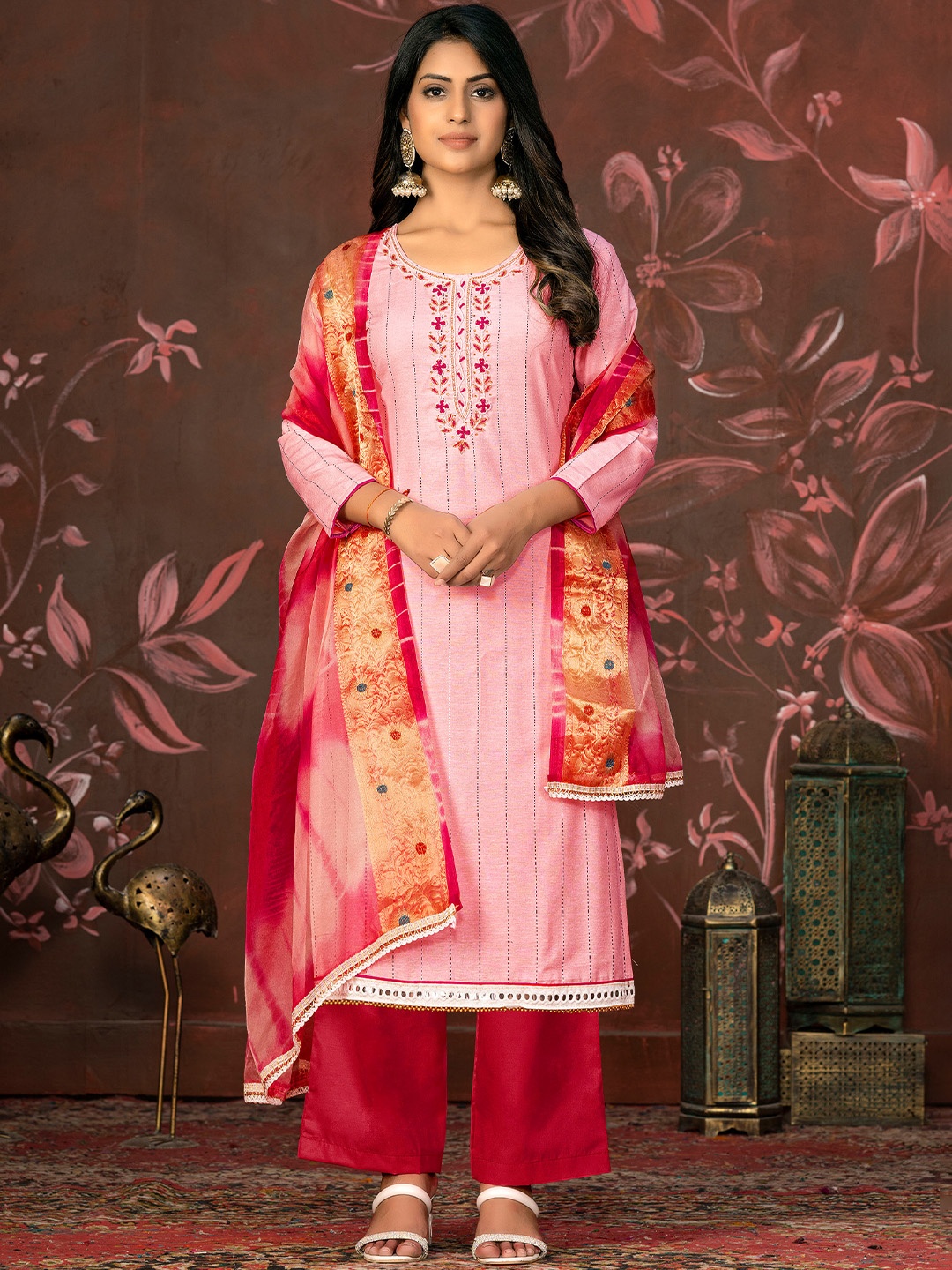 

MANVAA Embroidered Unstitched Dress Material, Peach
