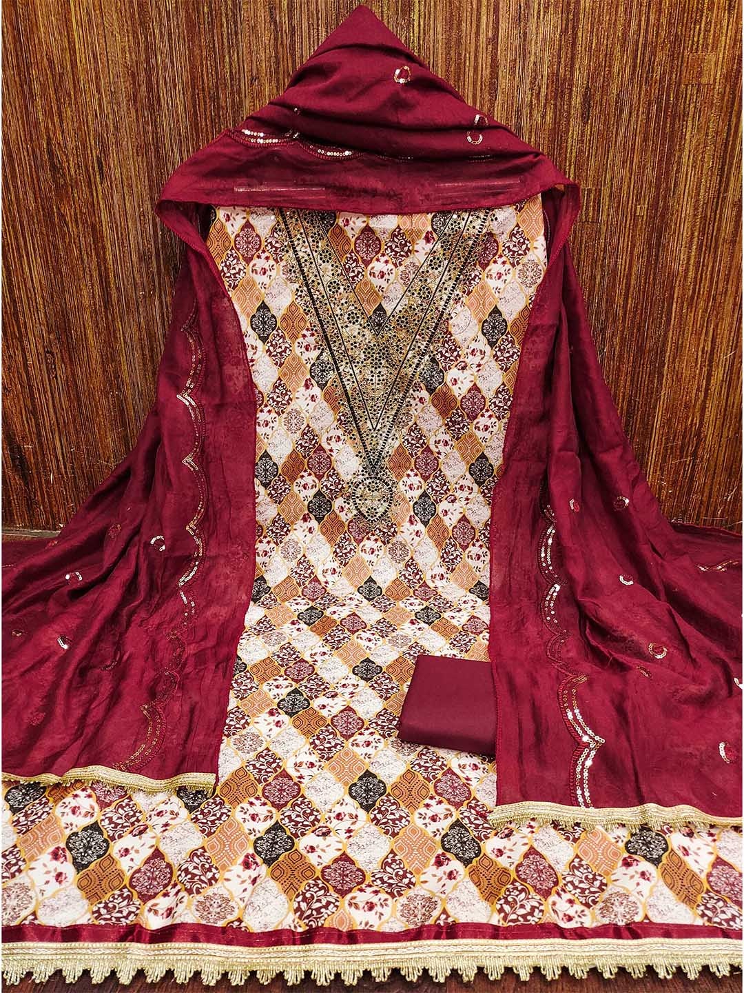 

MANVAA Ethnic Motifs Printed Sequinned Unstitched Dress Material, White