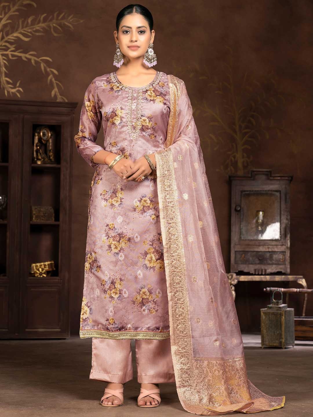 

MANVAA Printed Organza Unstitched Dress Material, Rose gold