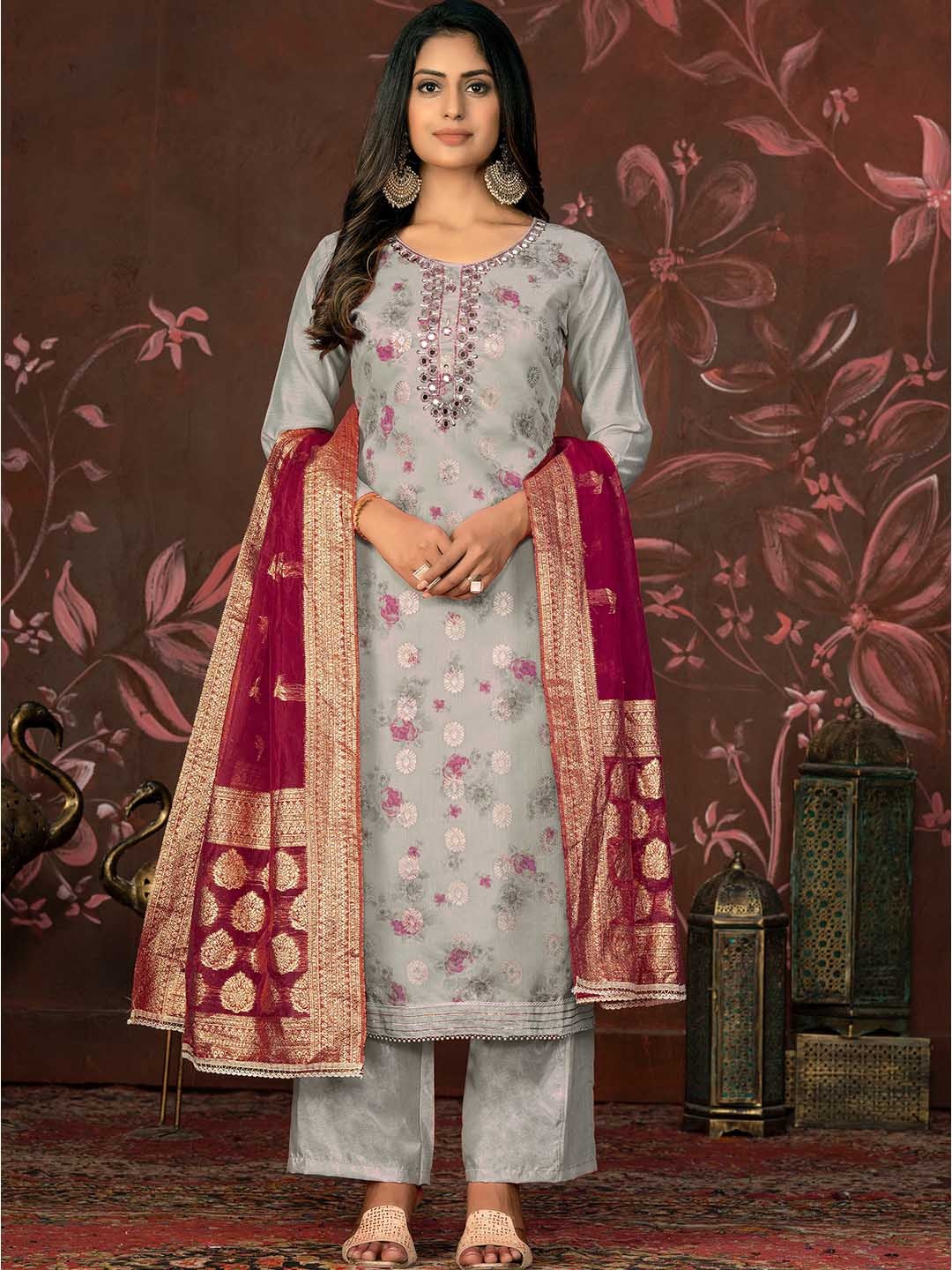 

MANVAA Floral Printed Mirror Work Unstitched Dress Material, Grey