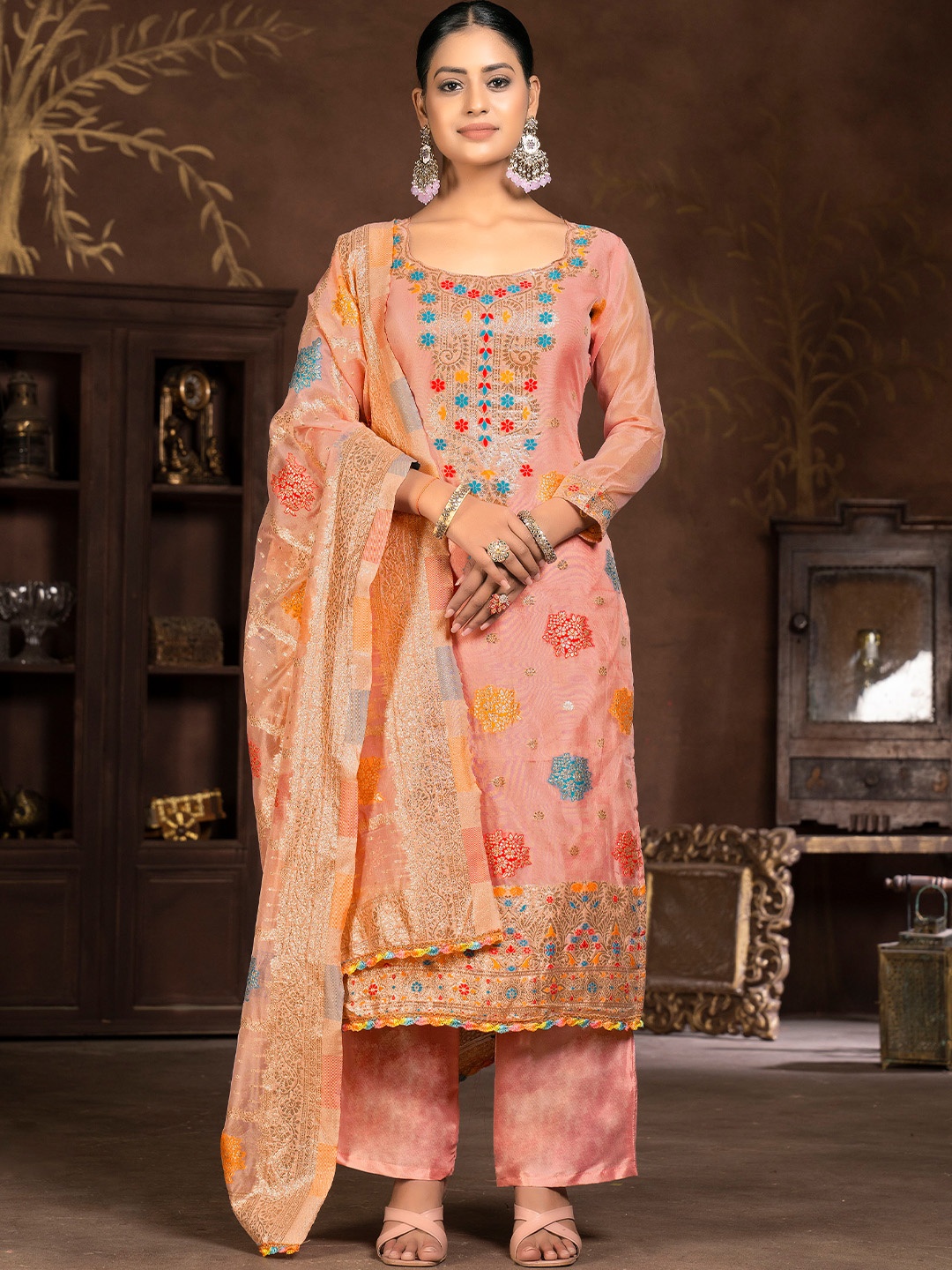 

MANVAA Printed Organza Unstitched Dress Material, Peach