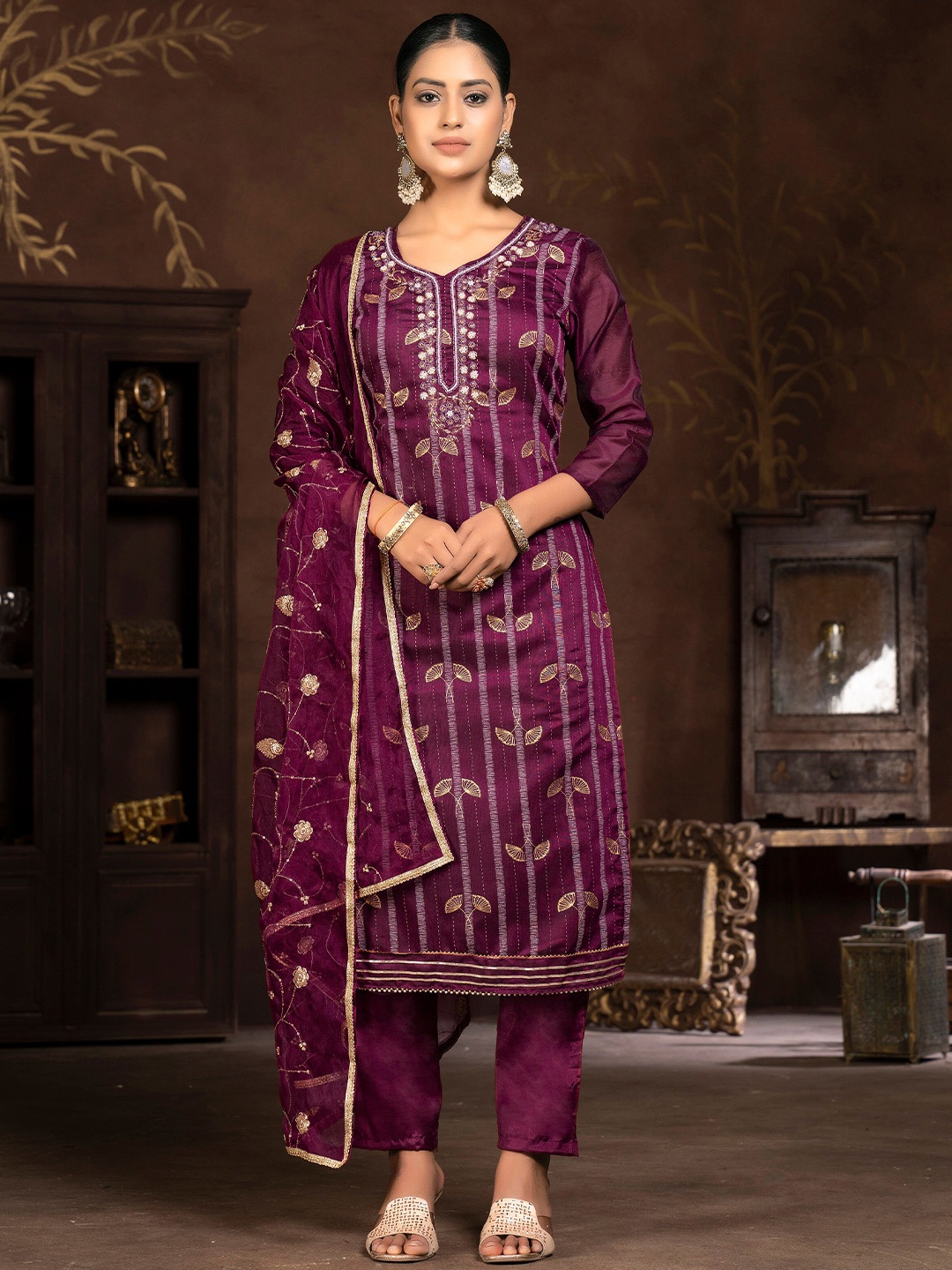 

MANVAA Floral Printed Beads and Stones Unstitched Dress Material, Purple