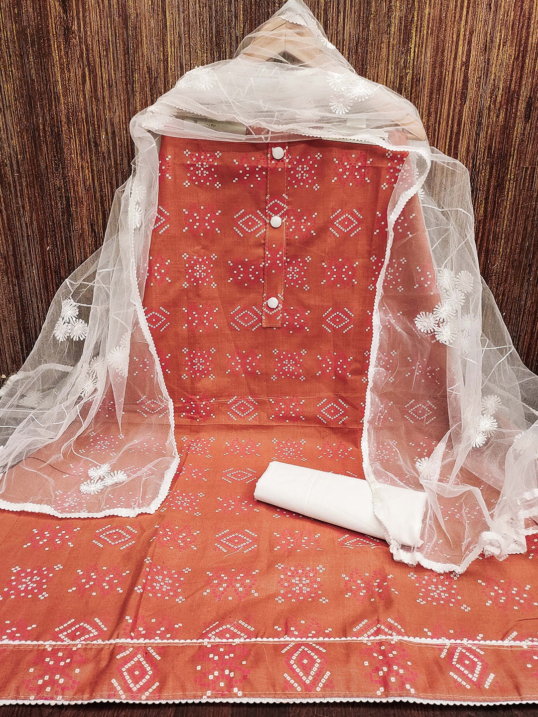 

MANVAA Bandhani Printed Unstitched Dress Material, Peach