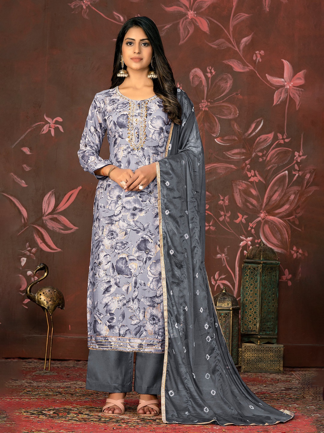 

MANVAA Floral Embellished Beads and Stones Unstitched Dress Material, Grey