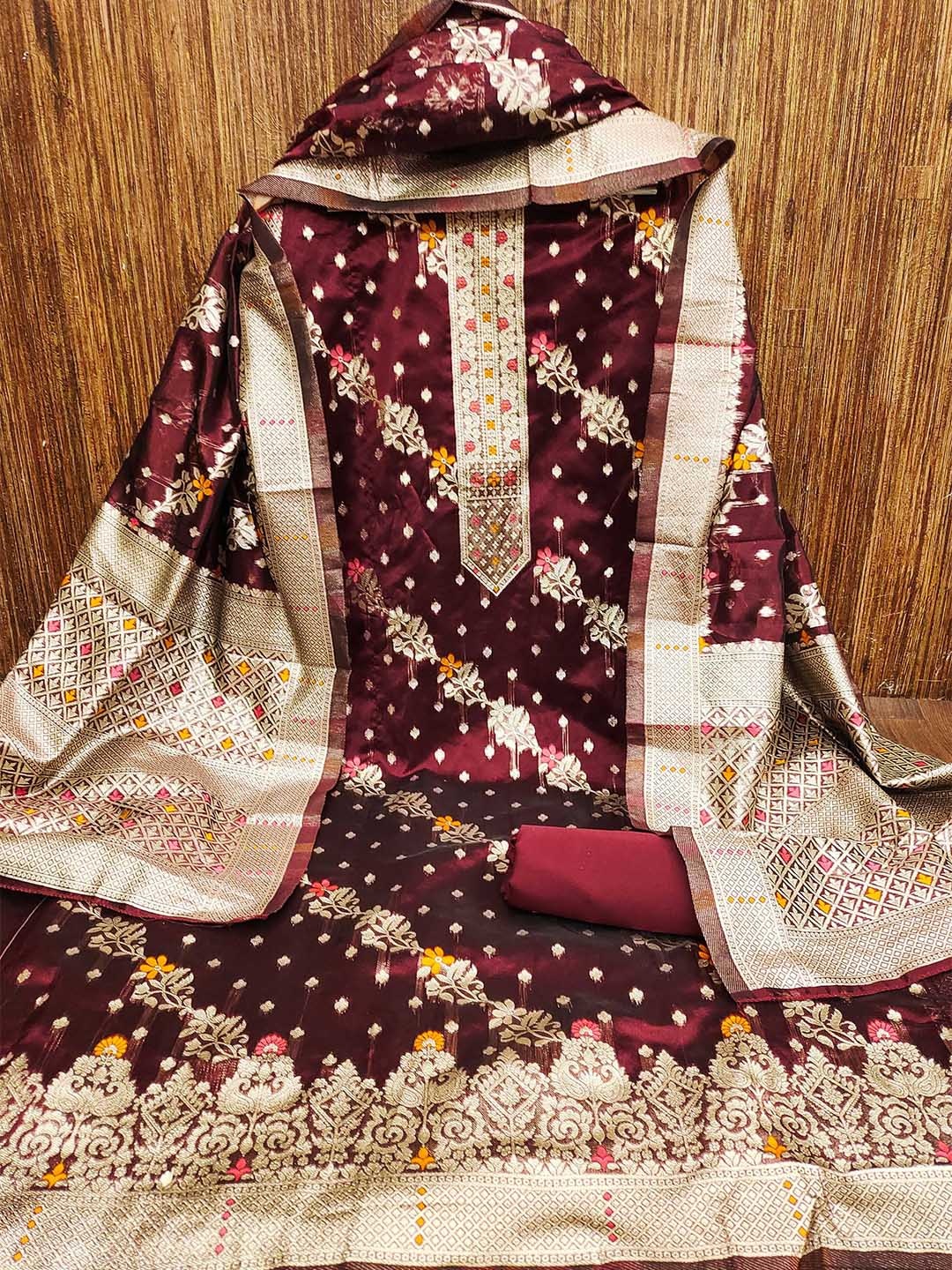 

MANVAA Floral Woven Design Zari Unstitched Dress Material, Maroon