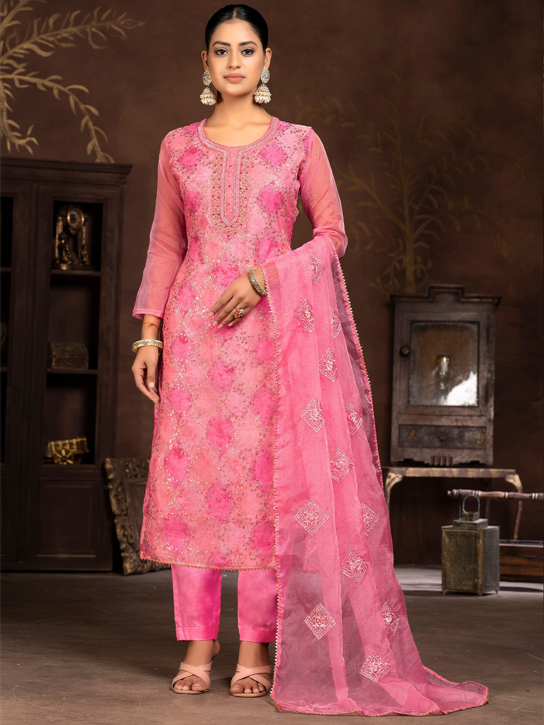 

MANVAA Floral Embroidered Sequinned Unstitched Dress Material, Pink