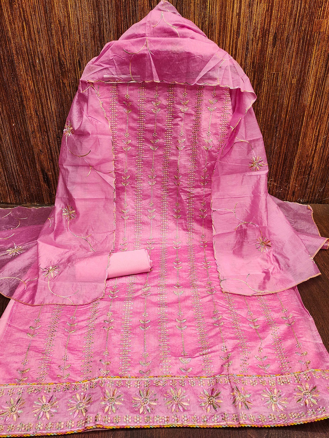 

MANVAA Striped Embellished Unstitched Dress Material, Pink