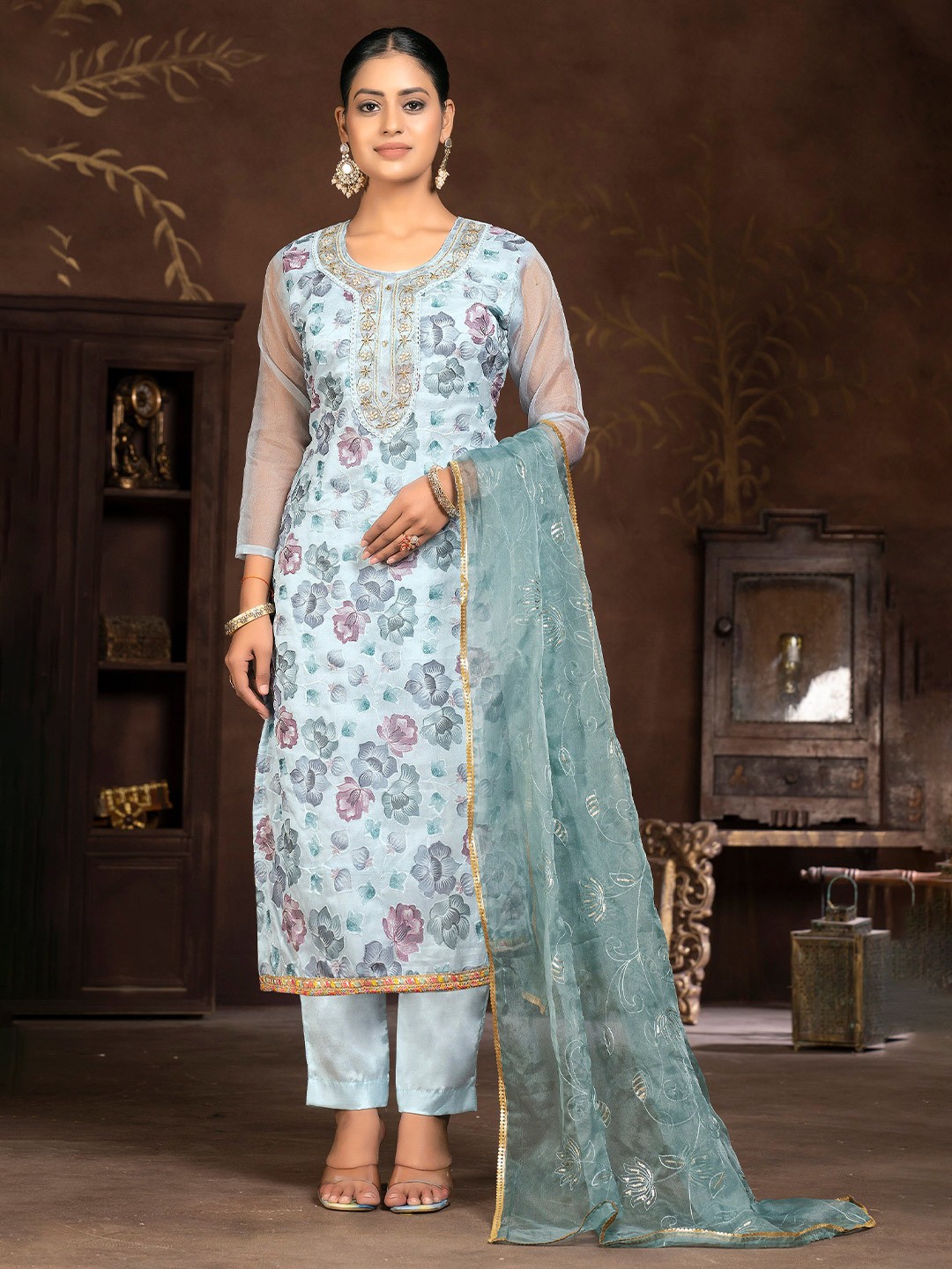

MANVAA Floral Embellished Beads And Stones Organza Unstitched Dress Material, Blue