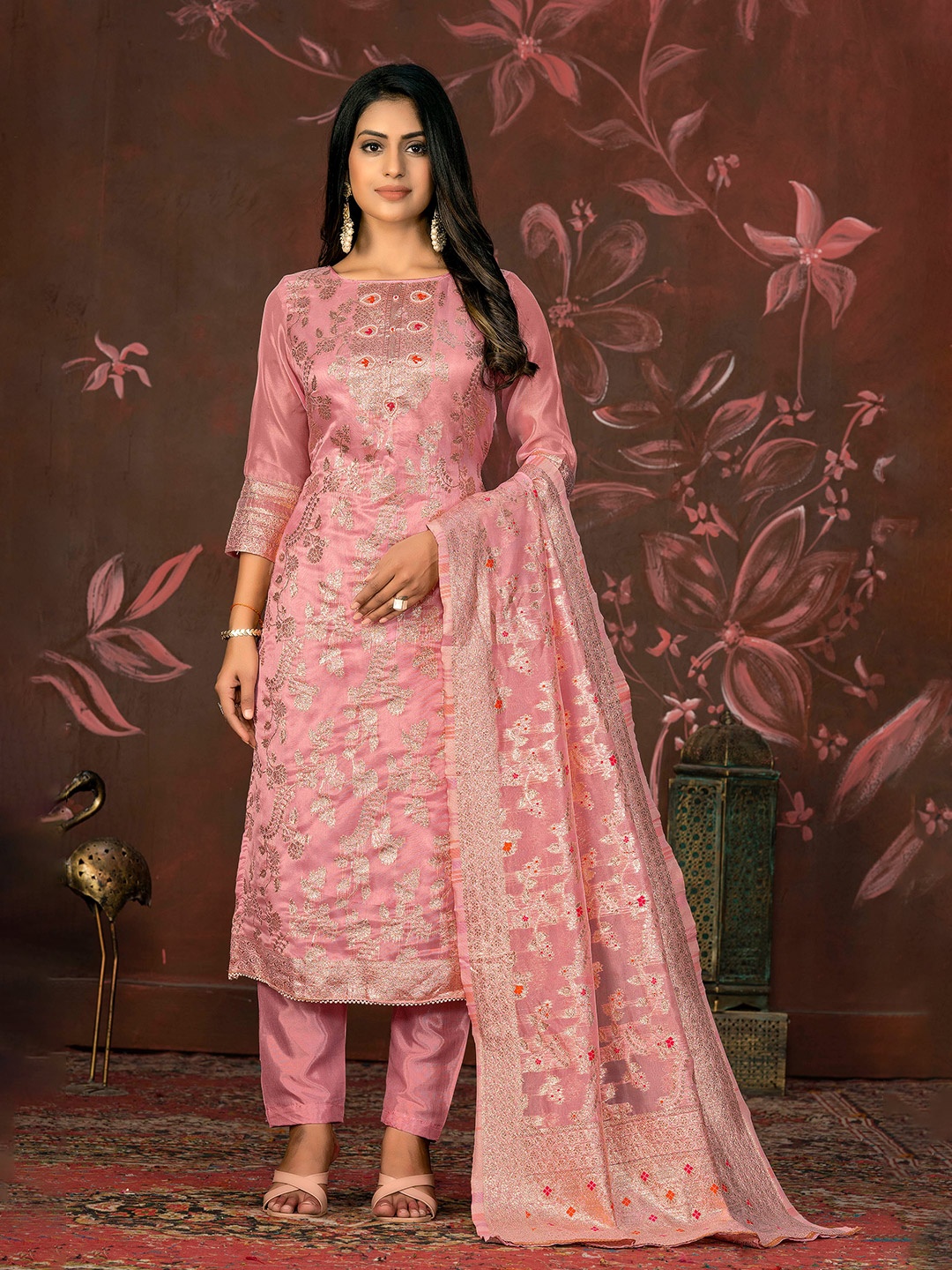 

MANVAA Ethnic Motifs Woven Design Unstitched Dress Material, Peach