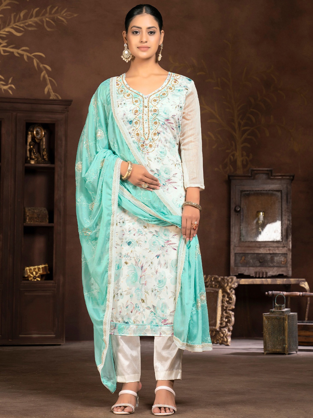 

MANVAA Floral Printed Beads and Stones Unstitched Dress Material, White