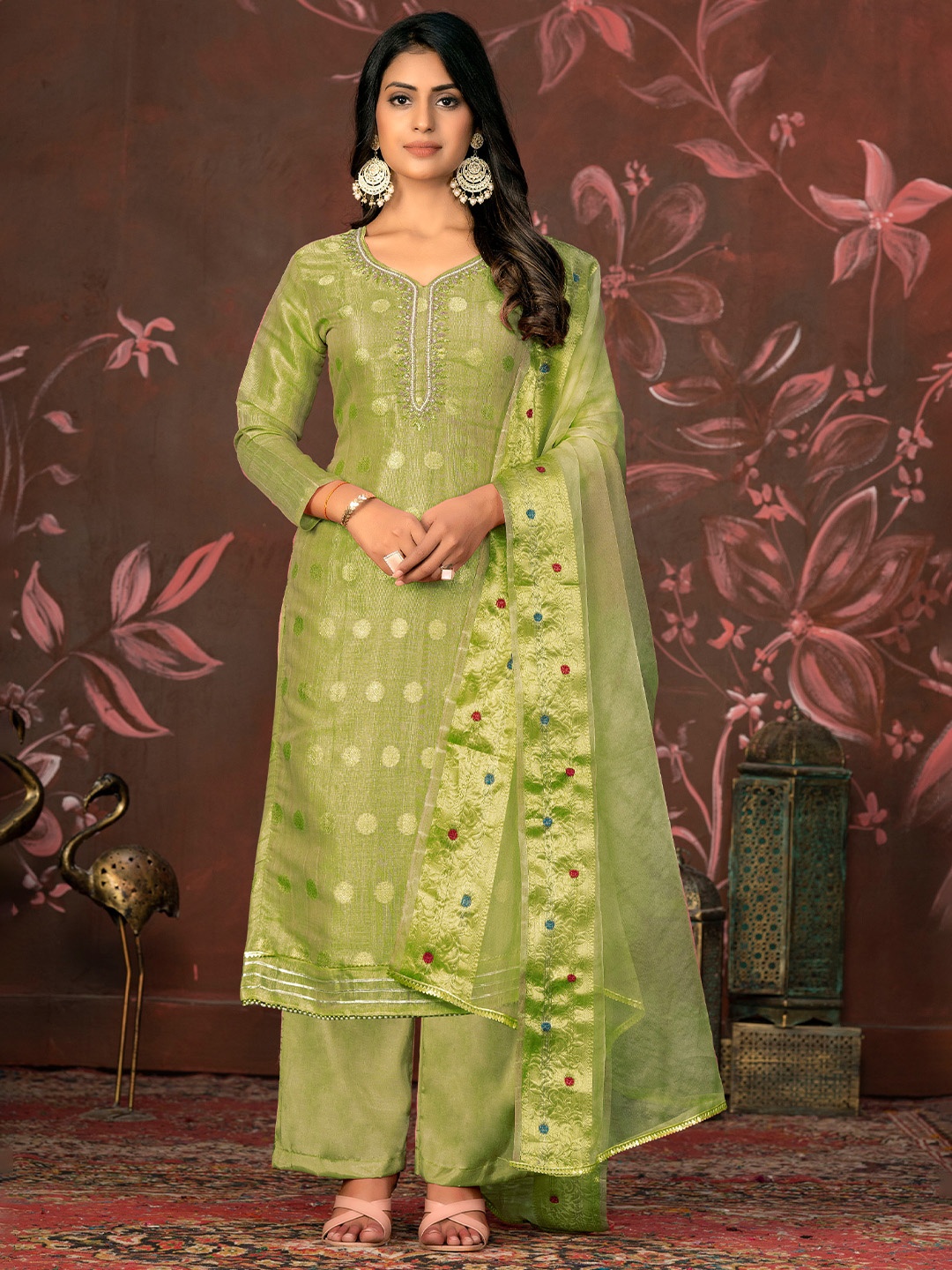 

MANVAA Floral Embellished Zari Unstitched Dress Material, Green