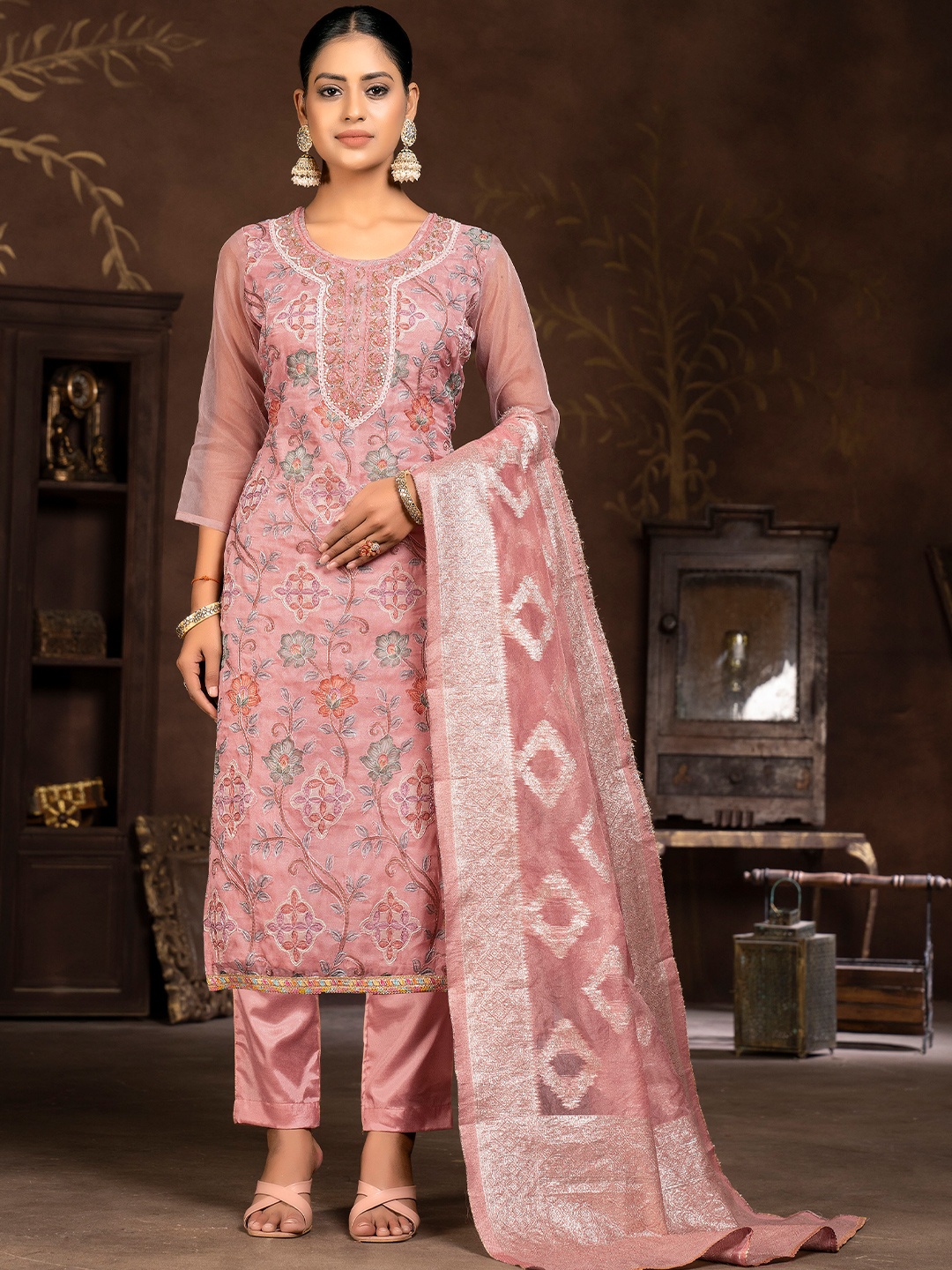 

MANVAA Embroidered Organza Unstitched Dress Material, Pink