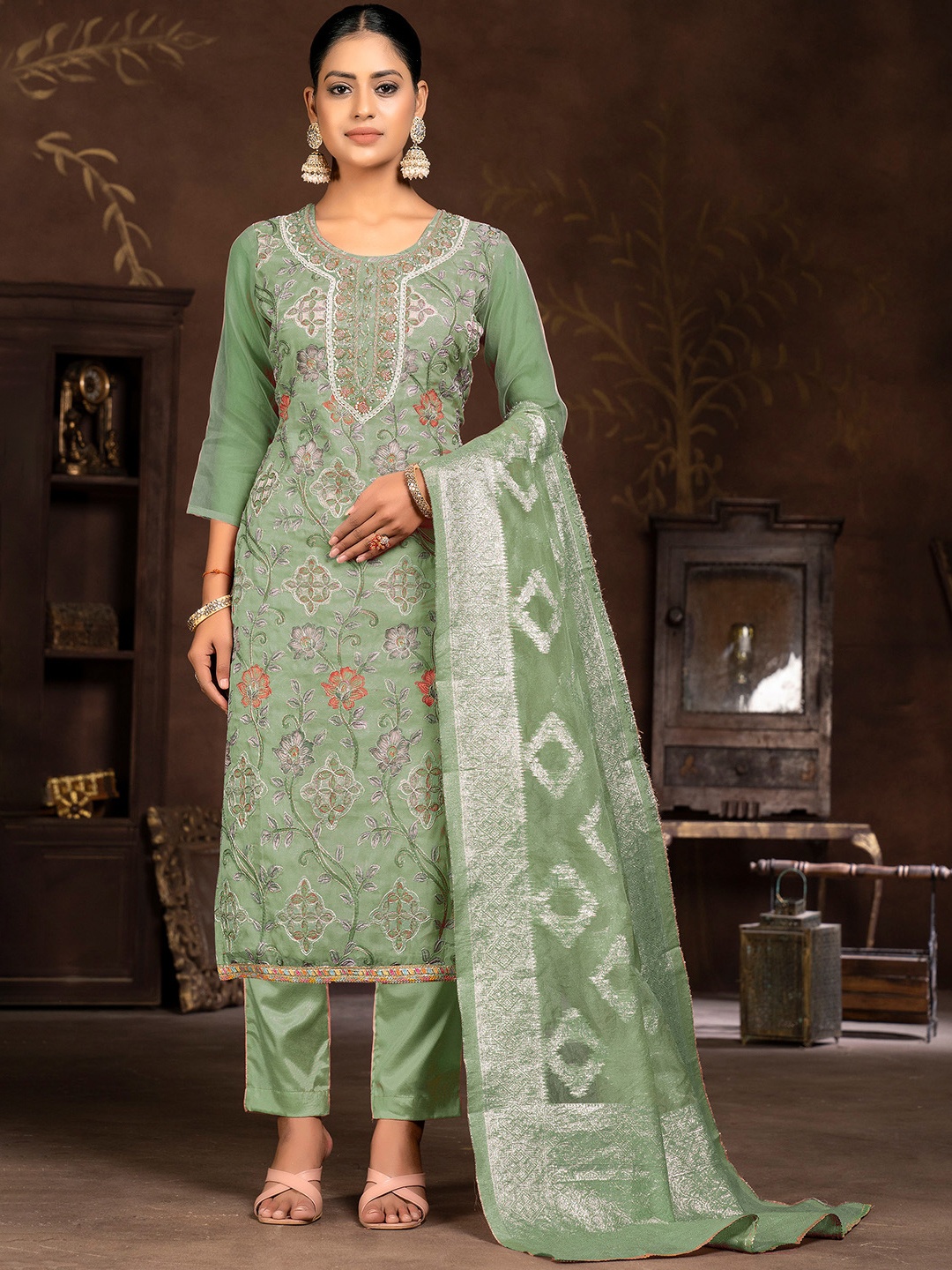 

MANVAA Floral Embroidered Beads and Stones Unstitched Dress Material, Green