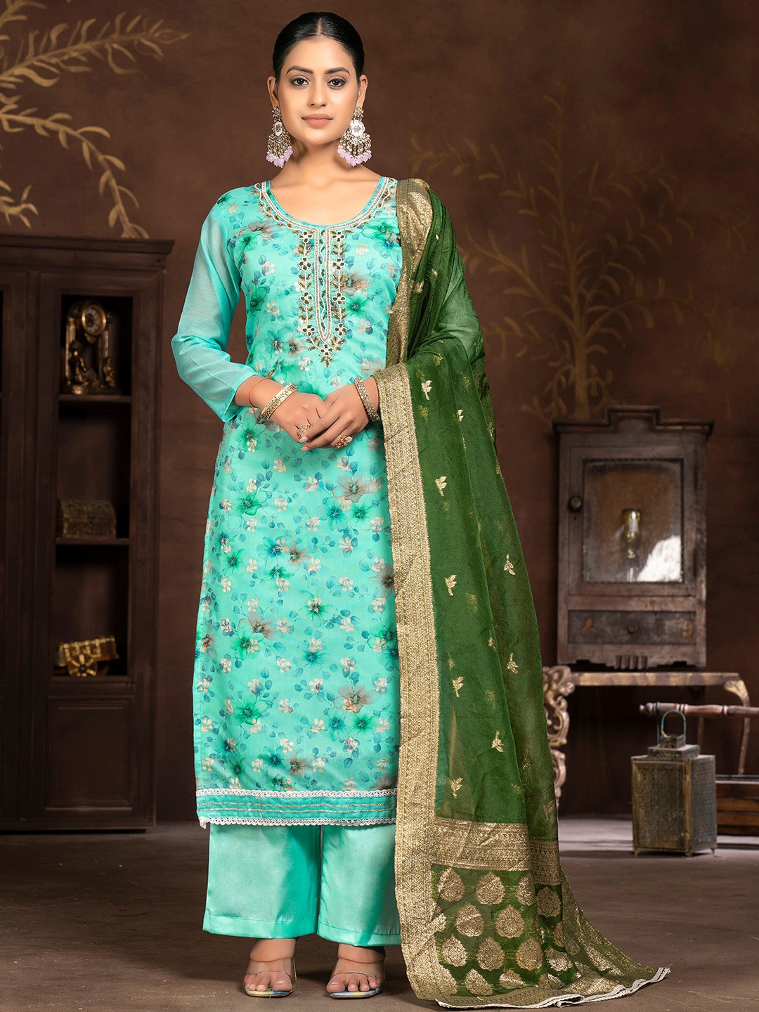 

MANVAA Floral Printed Unstitched Dress Material, Sea green