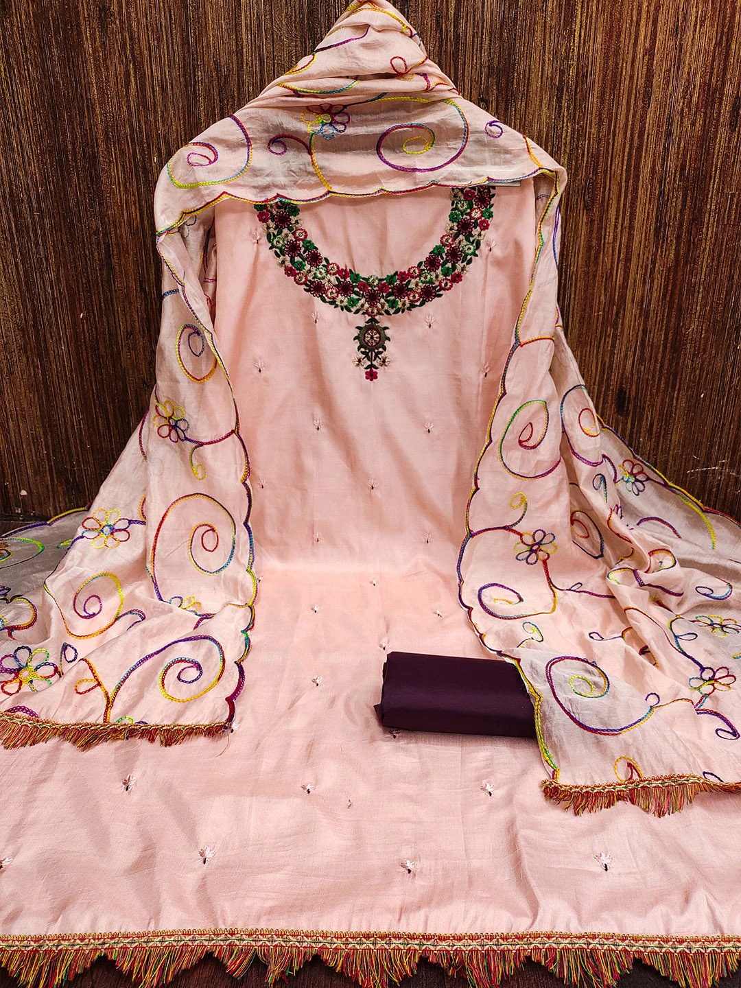 

MANVAA Floral Embroidered Unstitched Dress Material, Pink