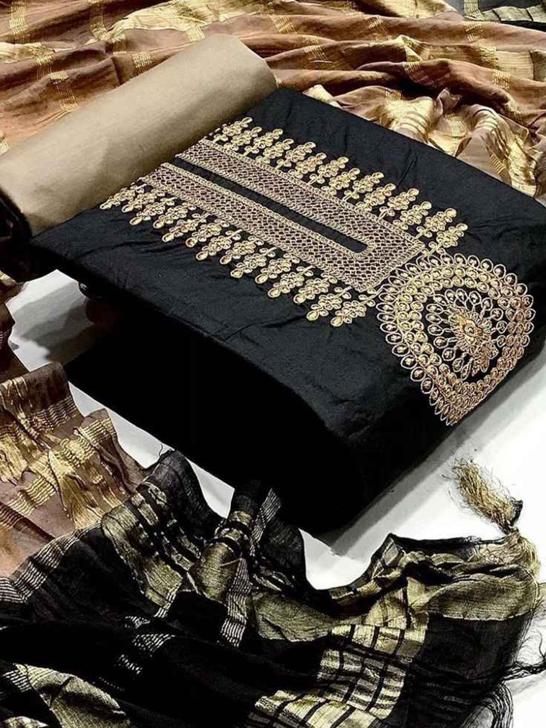 

faxofab Floral Embroidered Unstitched Dress Material, Black