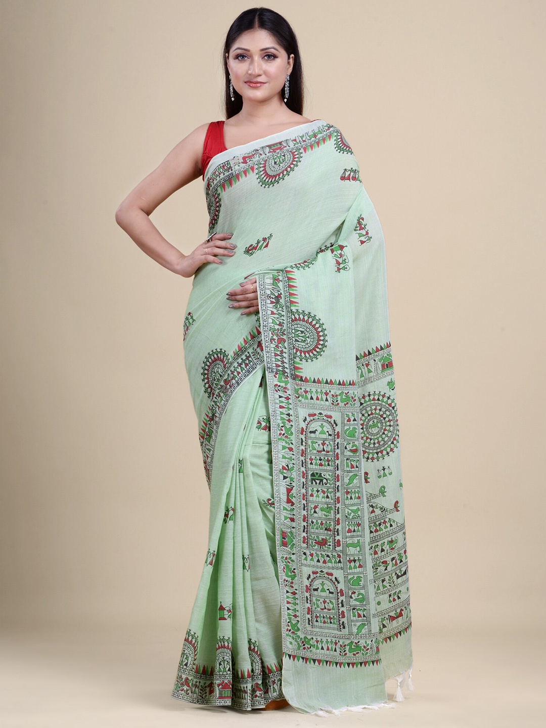 

HOUSE OF ARLI Warli Printed Pure Cotton Saree, Green