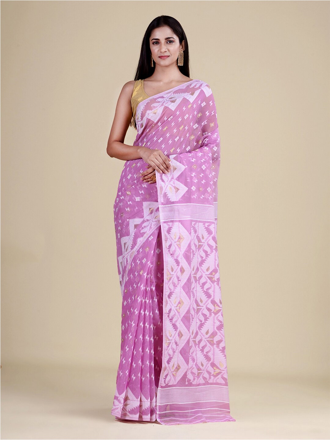 

HOUSE OF ARLI Geometric Woven Design Zari Pure Cotton Jamdani Saree, Mauve