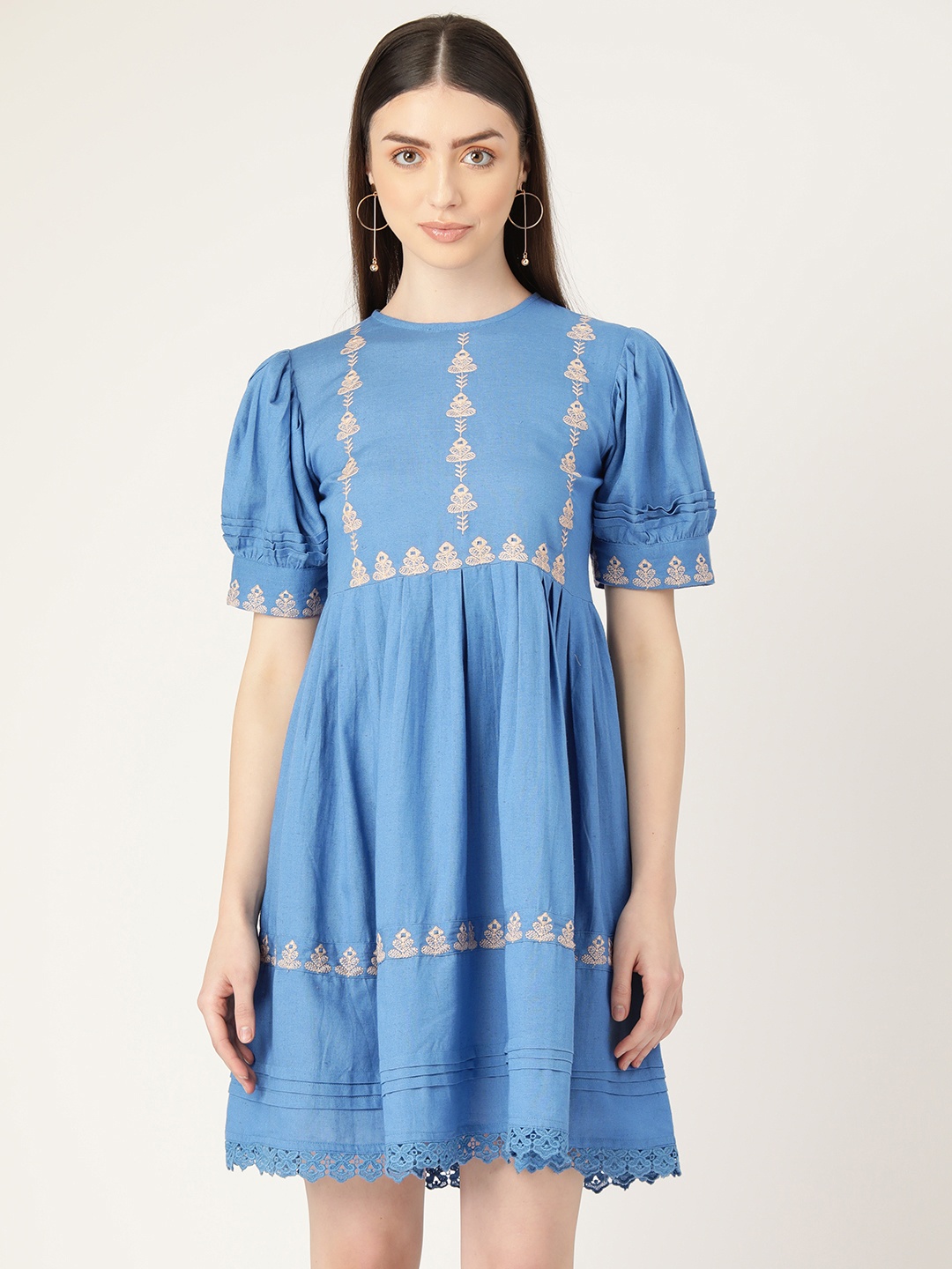 

MISRI Ethnic Motifs Embroidered Puff Sleeve A-Line Dress, Blue