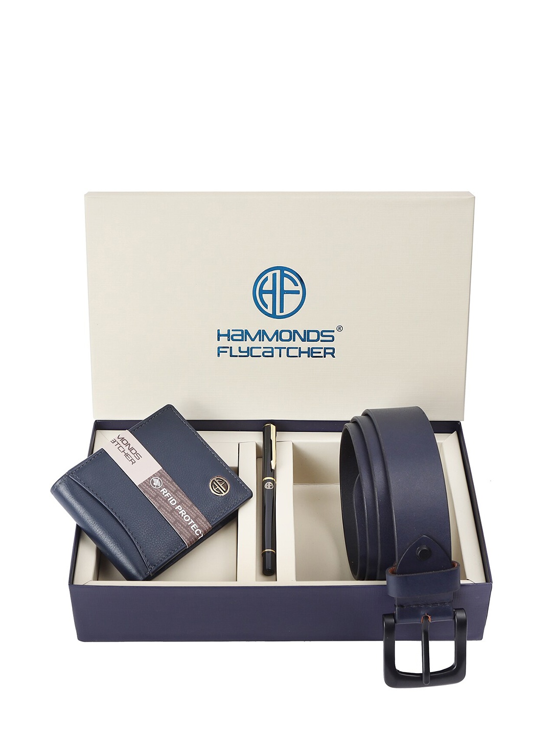 

HAMMONDS FLYCATCHER Men Leather Wallet and Belt Set with Ball Pen Set, Blue