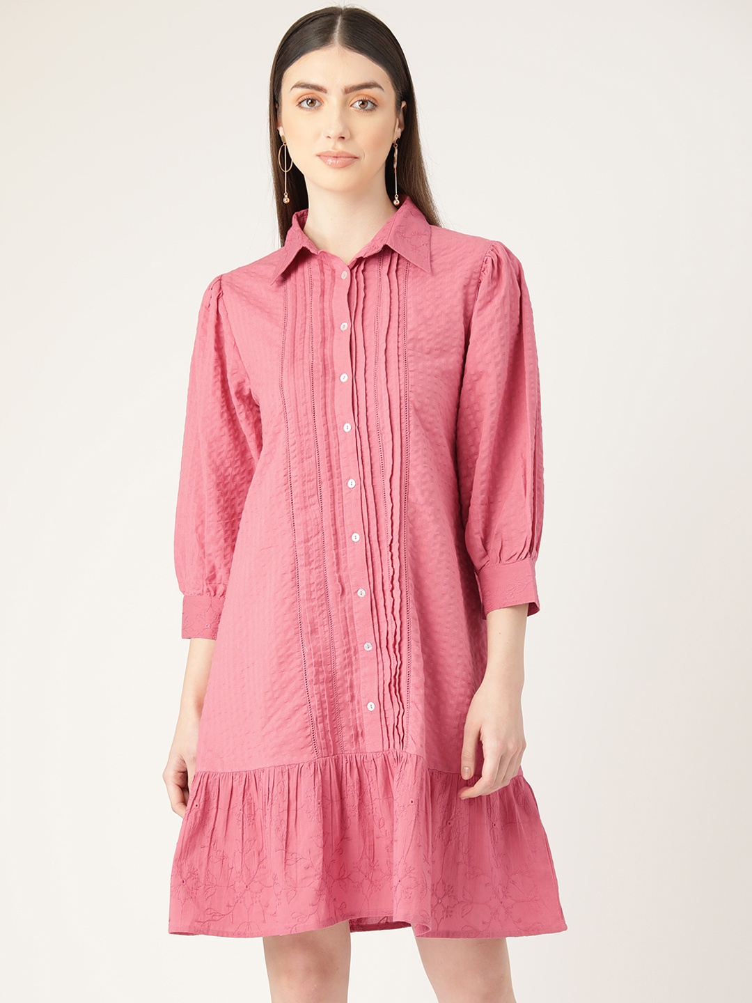 

MISRI Floral Puff Sleeve Cotton Shirt Dress, Pink