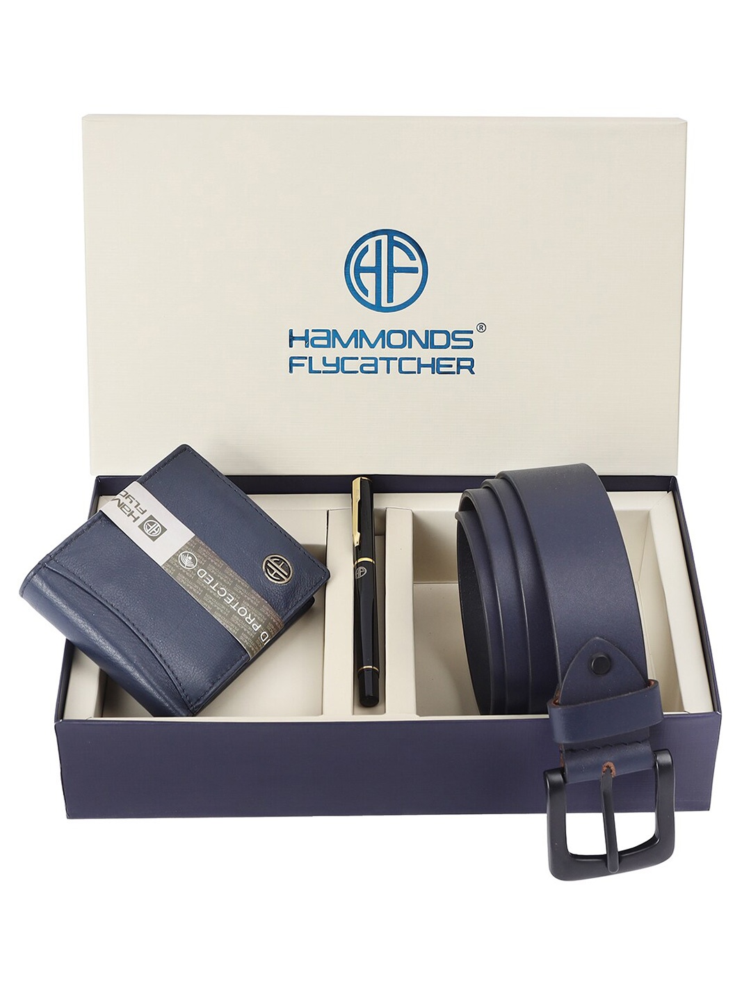 

HAMMONDS FLYCATCHER Men Leather Wallet and Belt Set with Ball Pen, Blue
