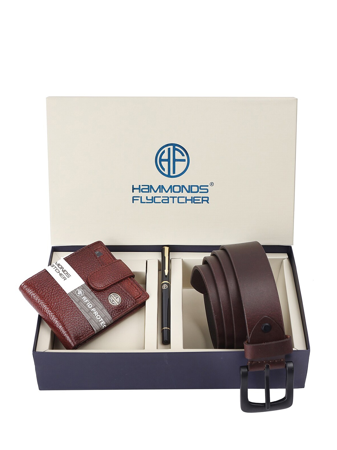 

HAMMONDS FLYCATCHER Men Leather Wallet and Belt Set with Ball Pen, Brown