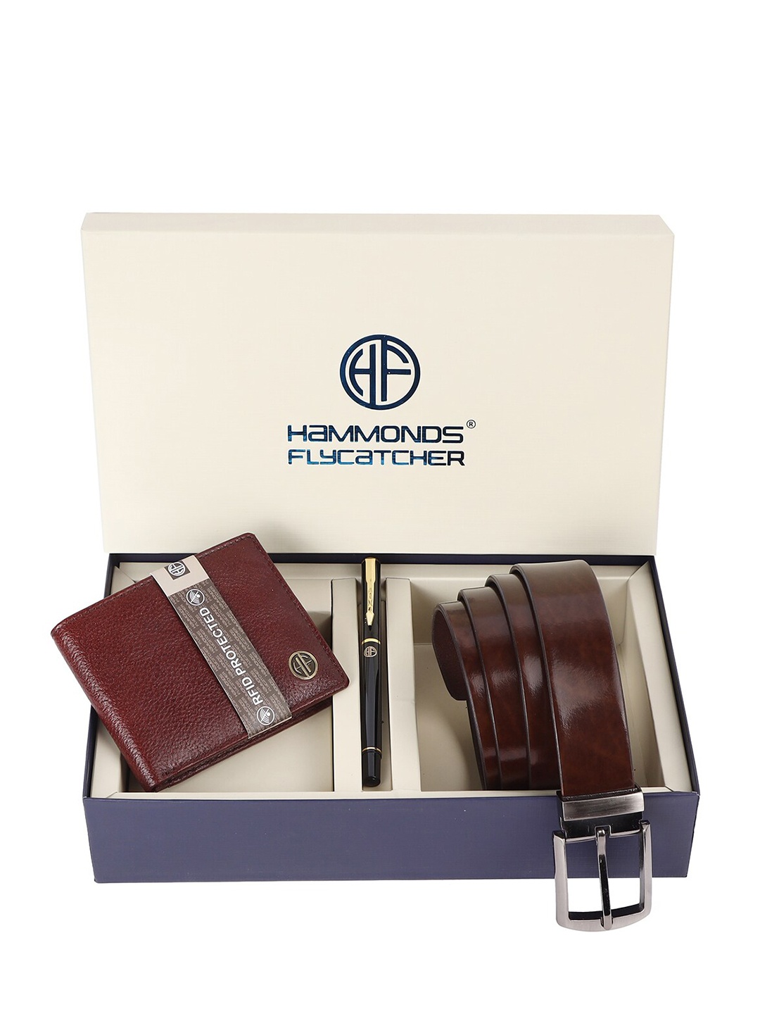 

HAMMONDS FLYCATCHER Men Leather Wallet and Belt Set with Ball Pen, Brown
