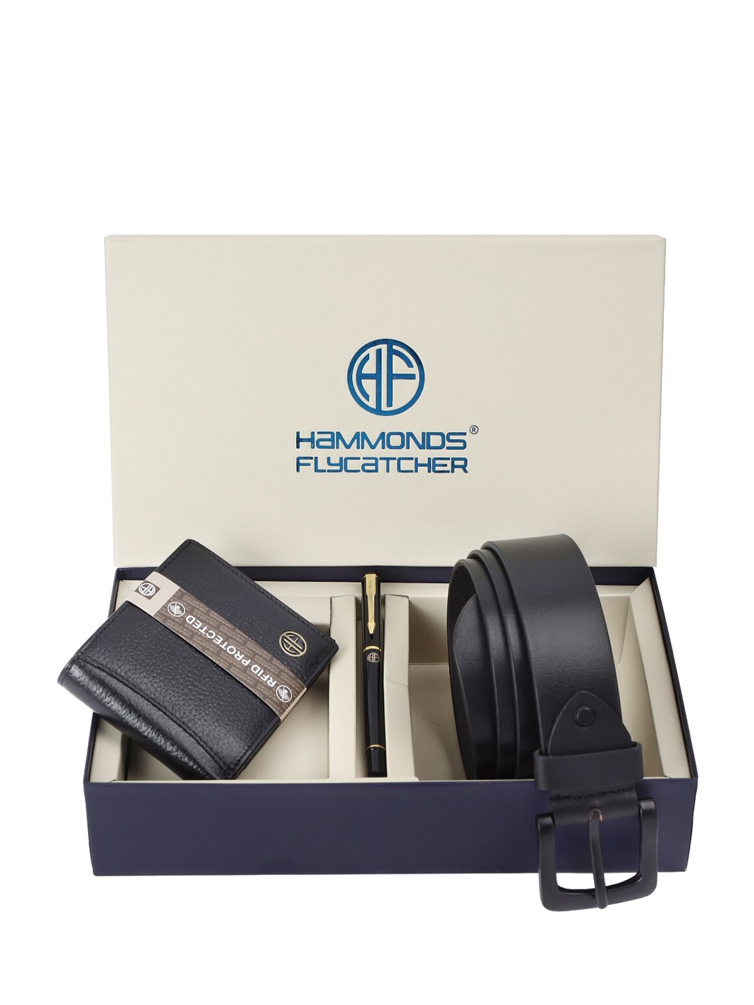 

HAMMONDS FLYCATCHER Men Leather Wallet and Belt Set with Ball Pen, Black