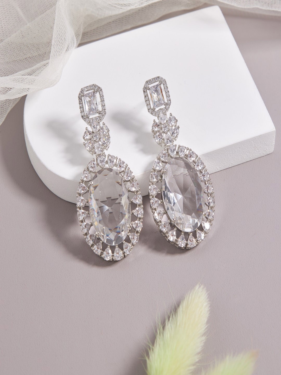 

SATJEWEL Rhodium Plated Cubic Zirconia Contemporary Chandbalis, Silver