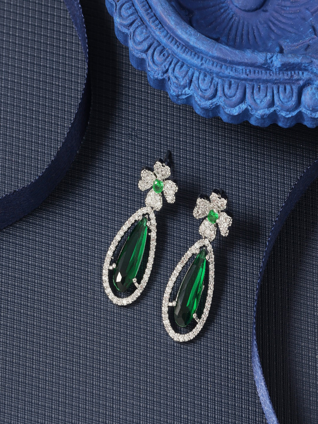 

SATJEWEL Rhodium-Plated Cubic Zirconia Studded Contemporary Drop Earrings, Silver