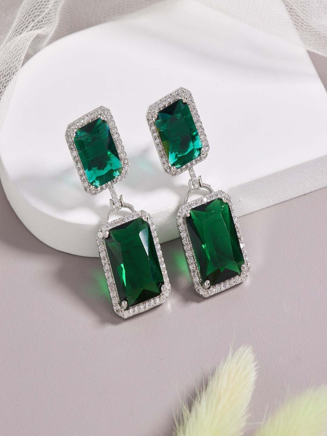 

SATJEWEL Rhodium-Plated Cubic Zirconia-Studded Contemporary Drop Earrings, Green