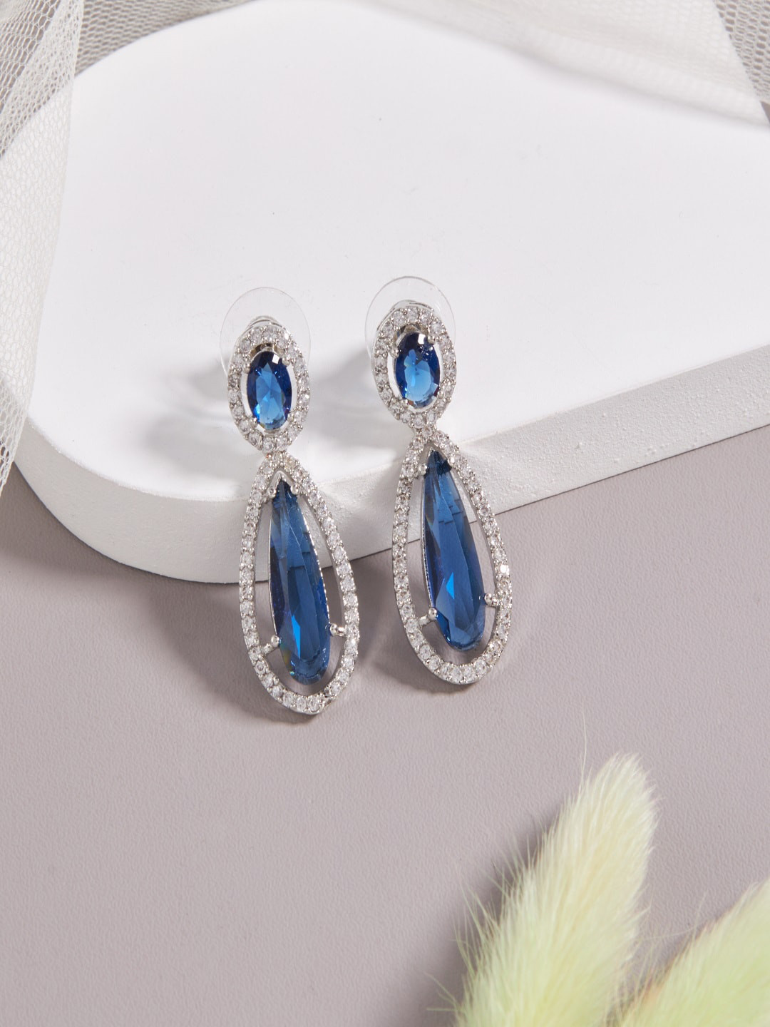 

SATJEWEL Rhodium-Plated Cubic Zirconia Studded Contemporary Drop Earrings, Silver