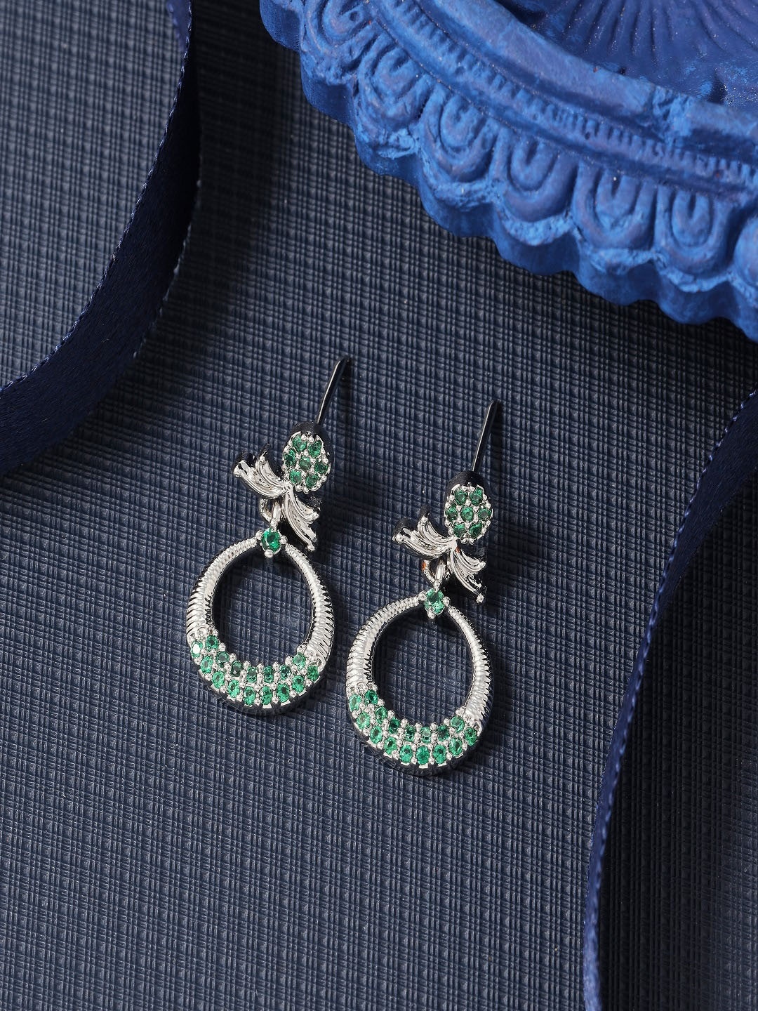 

SATJEWEL Rhodium-Plated Contemporary Drop Earrings, Green