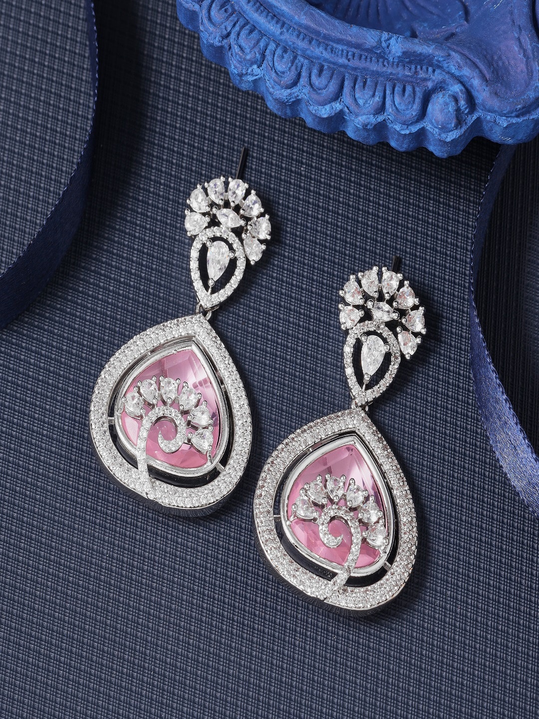

SATJEWEL Rhodium-Plated Contemporary Cubic Zirconia Drop Earrings, Pink