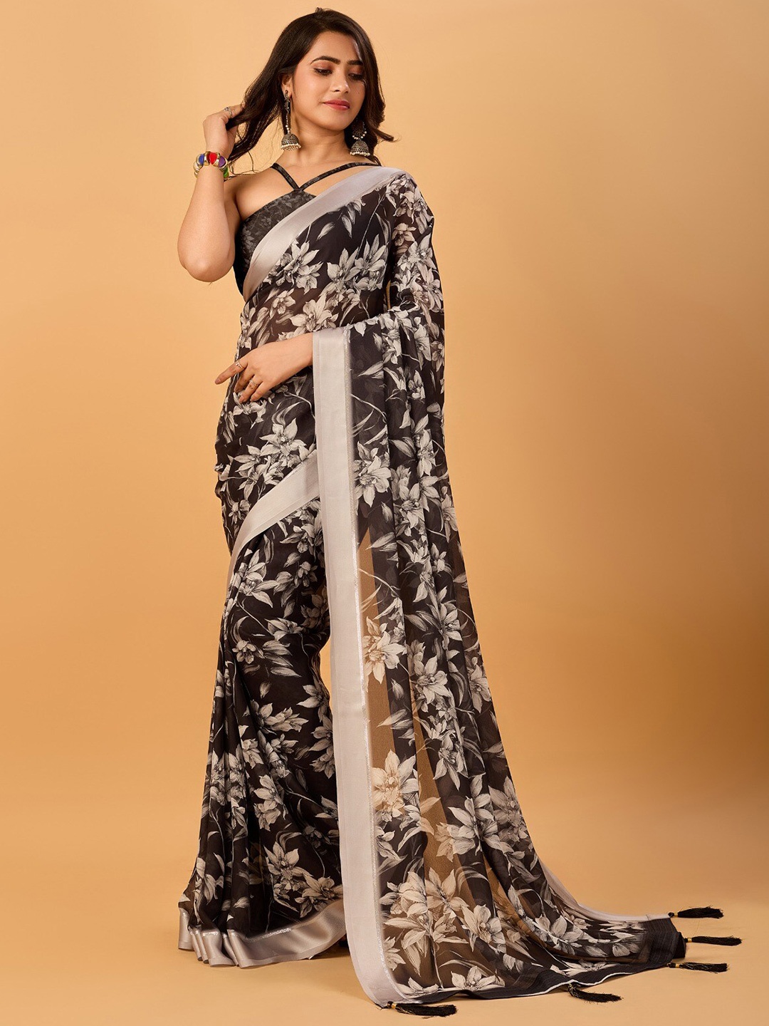 

SANJANA SILK Floral Printed Pure Chiffon Saree, Black